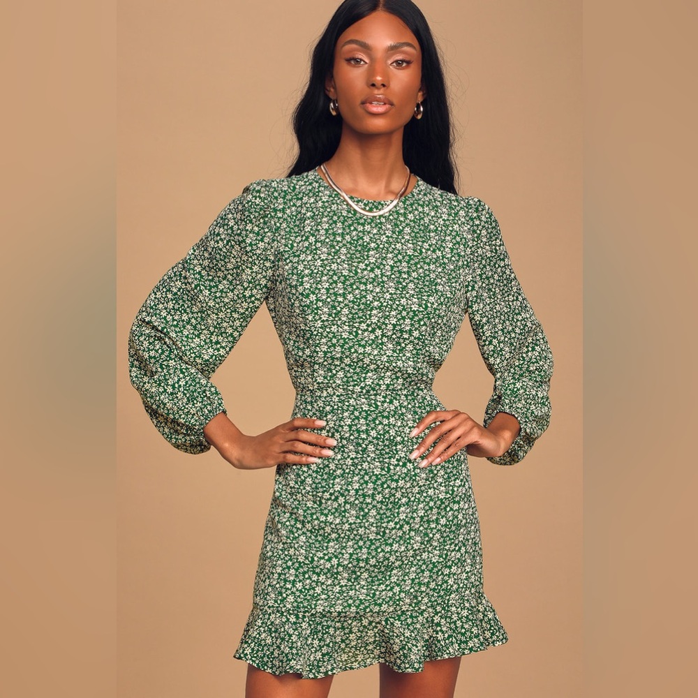 Lulus Blooming Darlin' Green Floral Print Ruffled Mini Dress